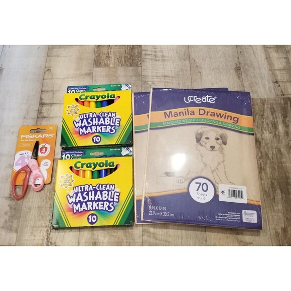 Lot Of 2x Crayola Markers Fiskars Scissors 2x Manilla Paper School Supplies - Picture 1 of 1